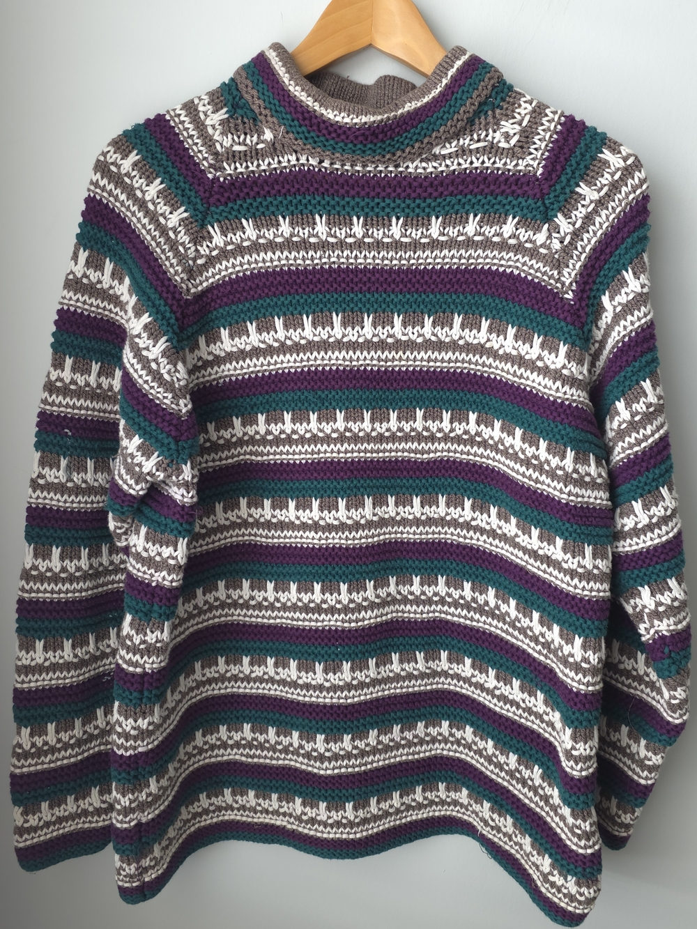 Weekend Edition Hand Knit Cotton Striped Mock Neck Sweater Size M Teal Purple